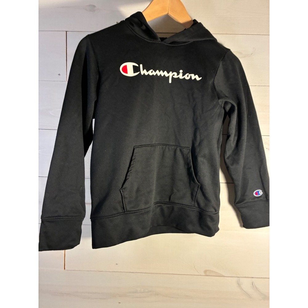 Champion Kids Black Fleece Pullover Hoodie Sweatshirt Logo Size M 10/12